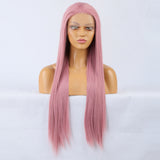 Stylish long straight synthetic lace wig in ombre pink shade
