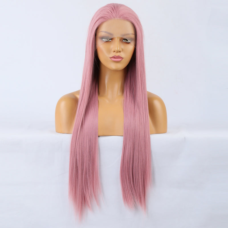 Stylish long straight synthetic lace wig in ombre pink shade