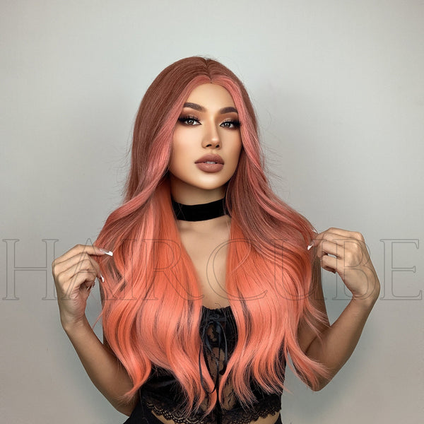 High-quality fashion hairpiece with natural texture | Orange Pink Wig | 24 Inch Wig | Middle Part Wig | Fashion Hairpiece
