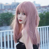 Vibrant pink long straight wig for stylish looks\ Air Bangs Wig \ Full Head Wig Set \ Fashion Pink Hair Wig \ Net Red Style Wig