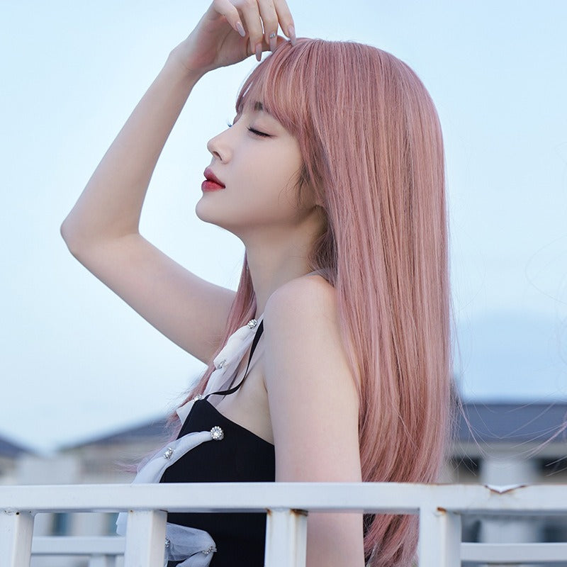 Vibrant pink long straight wig for stylish looks\ Air Bangs Wig \ Full Head Wig Set \ Fashion Pink Hair Wig \ Net Red Style Wig