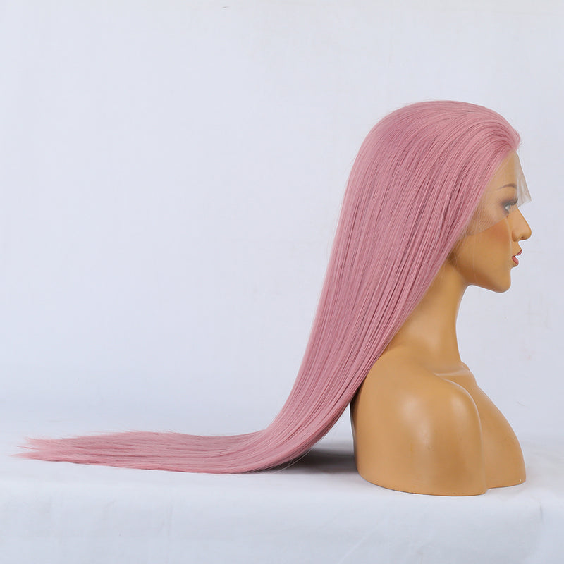 Stylish long straight synthetic lace wig in ombre pink shade