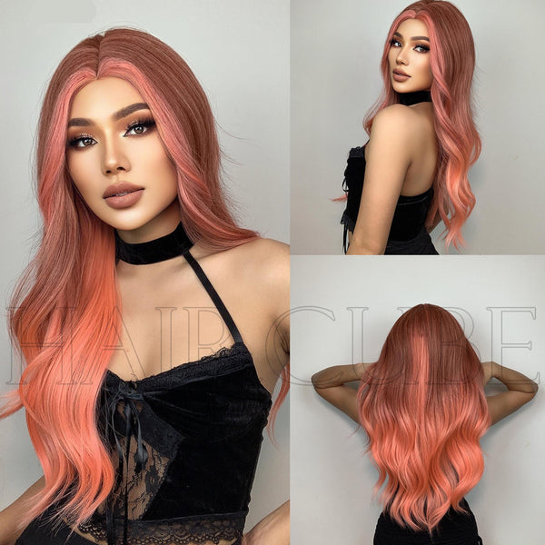 High-quality fashion hairpiece with natural texture| Orange Pink Wig | 24 Inch Wig | Middle Part Wig | Fashion Hairpiece