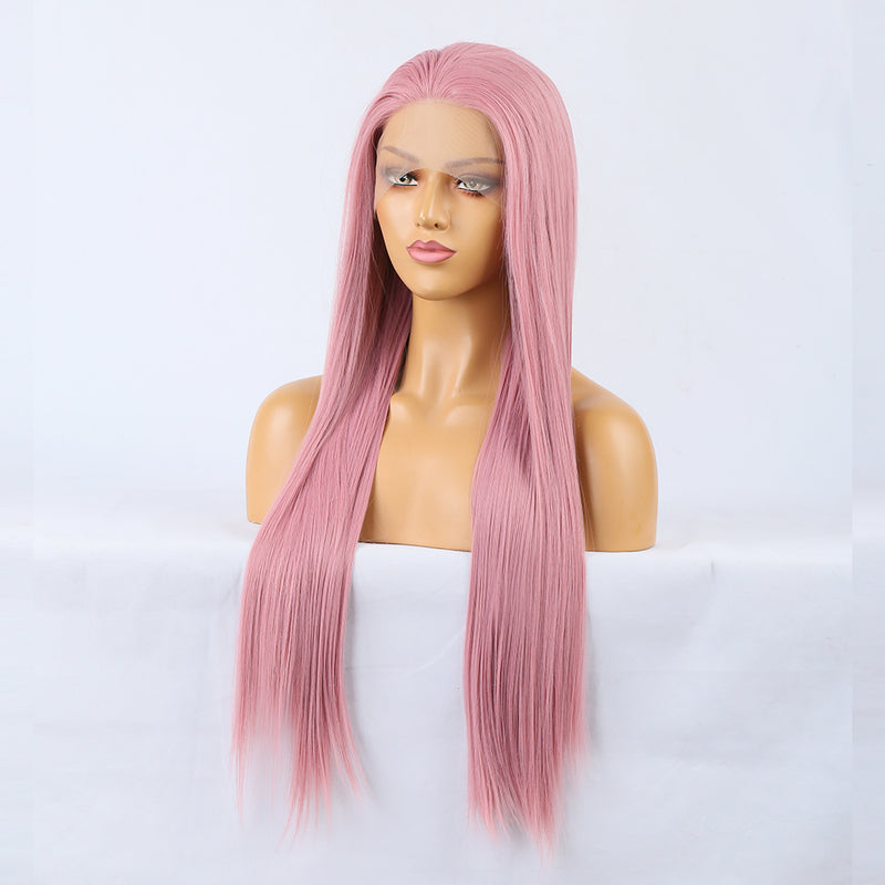 Stylish long straight synthetic lace wig in ombre pink shade