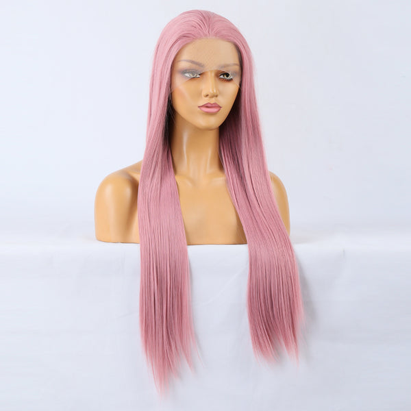 Stylish long straight synthetic lace wig in ombre pink shade