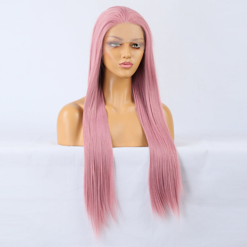 Stylish long straight synthetic lace wig in ombre pink shade