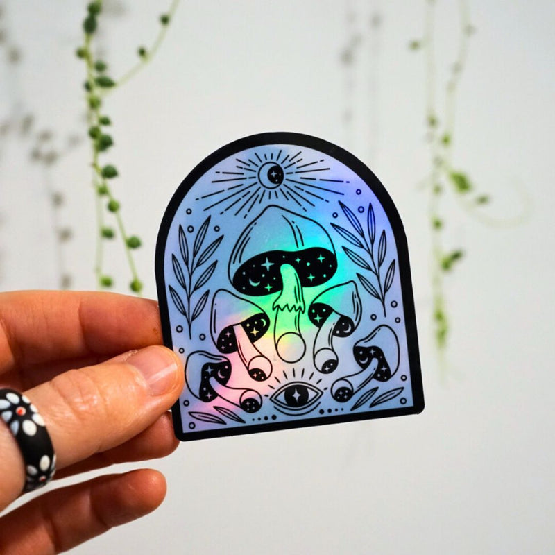 Durable holographic mushroom arch vinyl sticker