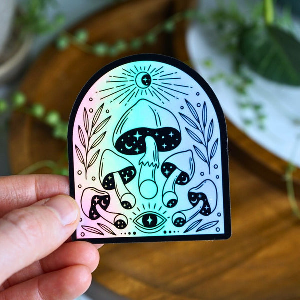 Durable holographic mushroom arch vinyl sticker